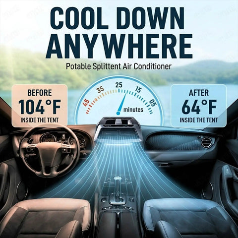Dope Portable AC For Camping And RV 6200 BTU Windowless Cooler with display showing temperature drop inside tent.