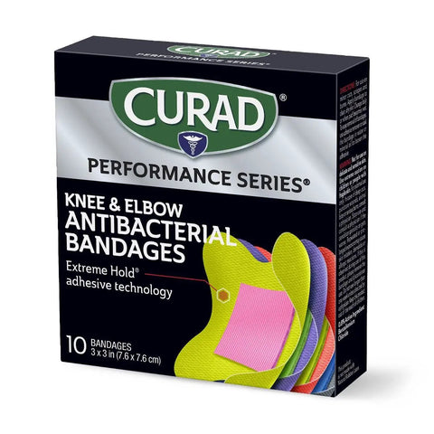 Tough As Nails Antibacterial Bandages For Elbows And Knees 3X3 Inch packaging showing 10 bandages with colorful designs.