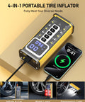 4-in-1 portable tire inflator displaying digital gauge and USB port charging a smartphone, Go-To Portable Tire Inflator With Gauge 150 PSI.