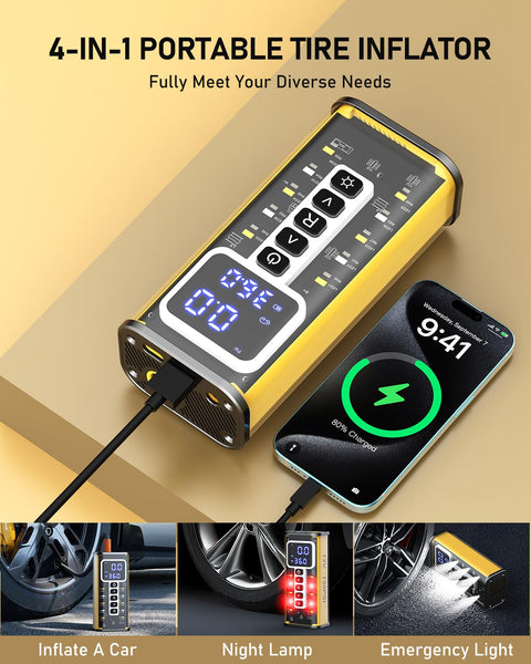 4-in-1 portable tire inflator displaying digital gauge and USB port charging a smartphone, Go-To Portable Tire Inflator With Gauge 150 PSI.