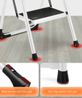 Close-up of Foldable 2 Step Ladder With Handgrip And Anti Slip Wide Pedals Built Like A Tank For Adults Sturdy Stepladder legs and foot pads