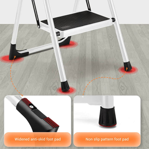 Close-up of Foldable 2 Step Ladder With Handgrip And Anti Slip Wide Pedals Built Like A Tank For Adults Sturdy Stepladder legs and foot pads