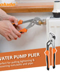 Person using water pump pliers to adjust nut on pipe radiator connection, highlighting tool's function and grip style.