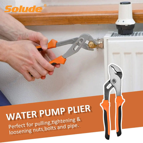 Person using water pump pliers to adjust nut on pipe radiator connection, highlighting tool's function and grip style.