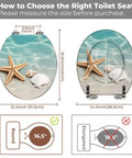 Round Resin Toilet Seat for Bathroom with size guide, showing dimensions and design with starfish and seashells.