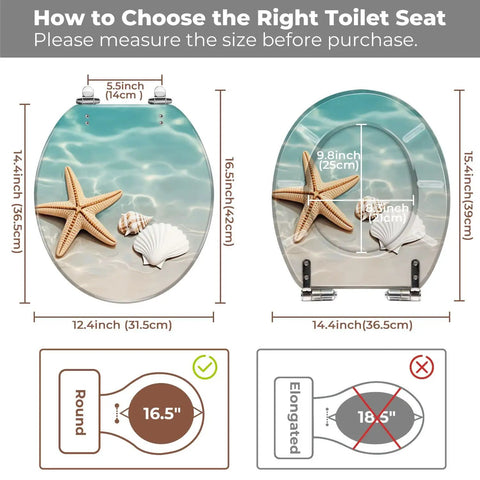 Round Resin Toilet Seat for Bathroom with size guide, showing dimensions and design with starfish and seashells.