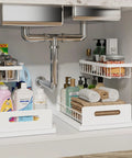 L Shaped Under Sink Organizer Featuring Smooth Operator Glides And Pipe Friendly Layout That Fits Snug In Tight Corners While Boosting Storage Capacity Straight Up with bottles and towels.