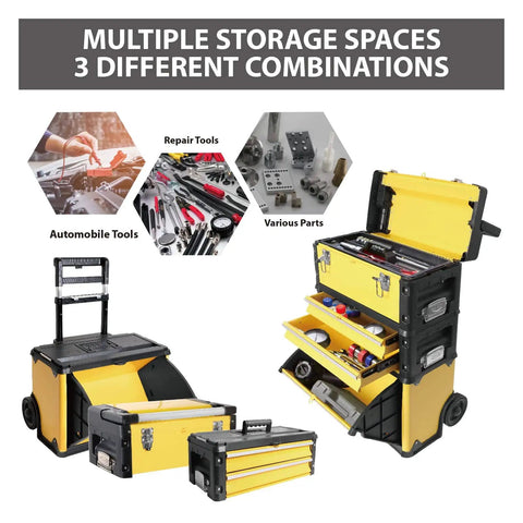 Stackable Metal Tool Box On Wheels With Two Drawers Rolling Upright Chest For Garage Or Workshop Heavy Duty Portable Organizer In Yellow