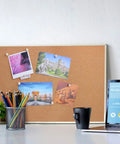 Top Shelf Wooden Push Pins, 120 Pack Of Straightforward Thumb Tacks For Corkboards And Bulletin Boards holding photos on a corkboard.