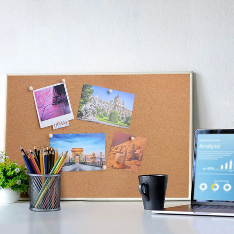 Top Shelf Wooden Push Pins, 120 Pack Of Straightforward Thumb Tacks For Corkboards And Bulletin Boards holding photos on a corkboard.