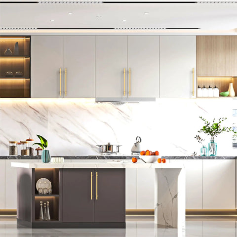 Modern kitchen with Ten Inch Champagne Bronze Cabinet Pulls Pack Of 10 Sleek Kitchen Cabinet Handles on drawers and cupboards