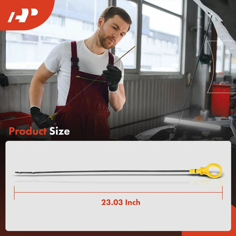 Mechanic using Ford and Lincoln 3.5L and 3.7L engine oil dipstick gauge, product size indicated as 23.03 inch
