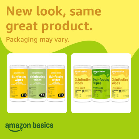 Image of two sets of Amazon Basics canisters, labeled disinfecting wipes lemon scent and fresh scent 255 count multi surface clean up wipes.