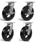 8 Inch Heavy Duty Caster Wheels Set Of 4 With Two Brakes And Two Swivel Casters, Rubber Tread On Cast Iron Core, product image