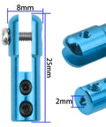 Three Piece Beefy Aluminum Clevis Servo Rudder Arm Linkage Clip Adapter Joint Coupler For RC Boats And Planes Blue Color Durable Aluminum Construction 2mm Hole 25mm Length 8mm Width Easy Install And Secure Fit, blue aluminum clevis shown with 25mm and 2mm measurements