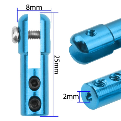 Three Piece Beefy Aluminum Clevis Servo Rudder Arm Linkage Clip Adapter Joint Coupler For RC Boats And Planes Blue Color Durable Aluminum Construction 2mm Hole 25mm Length 8mm Width Easy Install And Secure Fit, blue aluminum clevis shown with 25mm and 2mm measurements