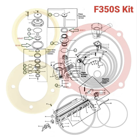 Diagram of O Ring Rebuild Kit for Pneumatic Framing Nailer F350S showing components like seals and gaskets.