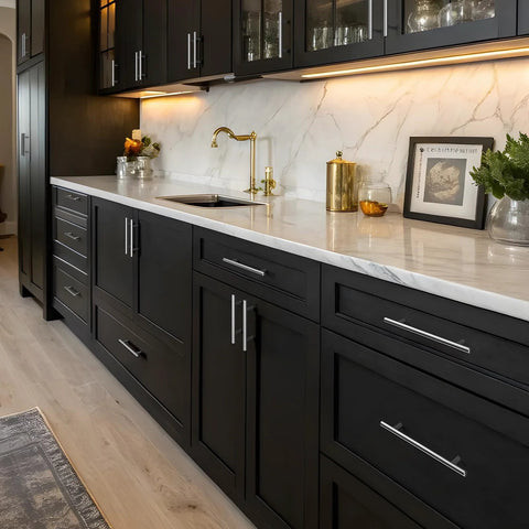Kitchen with black cabinets featuring Brushed Nickel Cabinet Pulls 3 Inch Center To Center 5 Inch Overall Length Stainless Steel Cabinet Hardware 15 Pack For Kitchen And Bathroom Cabinets Durable Hollow Construction For Long Lasting Use.