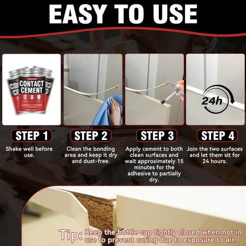 Heavy Duty Neoprene Contact Adhesive With Built In Brush, Delivers A Super Tight Grip For Leather And Woodwork, Waterproof And Heat Resistant Formula That Makes Furniture Repairs A Breeze And Keeps Crafts Looking Crisp. Step by step guide for applying contact cement.