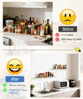 Before and after kitchen organization with black zinc alloy glass shelf brackets displaying spices and condiments.