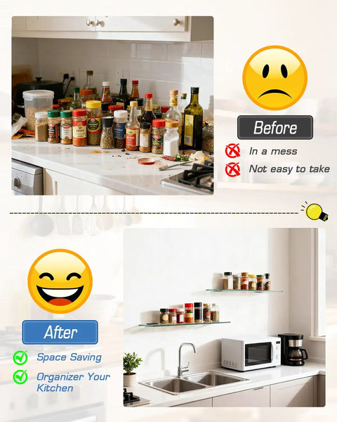 Before and after kitchen organization with black zinc alloy glass shelf brackets displaying spices and condiments.