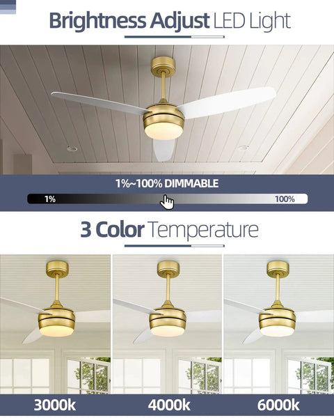 Modern Gold Ceiling Fan With Remote And LED Light 52 Inch Indoor Outdoor Ceiling Fan With 3 White Blades Dual Mount