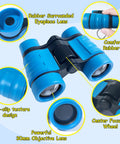 Kids Binoculars Set For Outdoor Explorers With 4x30 Optics, Carrying Bag, Neck Straps And Lens Cloth, Totally The Best Gift For Ages 3 To 12, Bird Watching, Hiking, Safari And Nature Study, blue 4x30 binoculars with rubber grip and center focus wheel