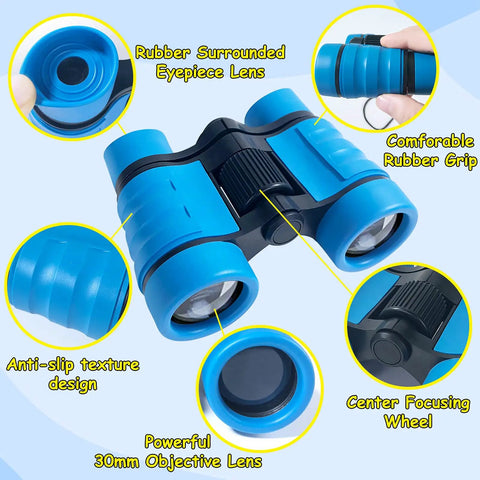Kids Binoculars Set For Outdoor Explorers With 4x30 Optics, Carrying Bag, Neck Straps And Lens Cloth, Totally The Best Gift For Ages 3 To 12, Bird Watching, Hiking, Safari And Nature Study, blue 4x30 binoculars with rubber grip and center focus wheel