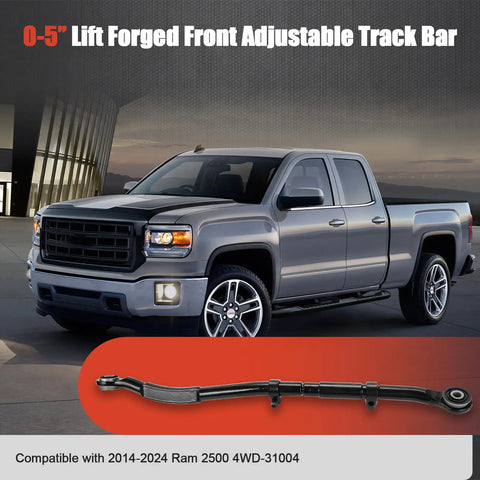 Heavy Duty 0-5 Inch Front Adjustable Track Bar for Ram 2500 4WD Lifted Trucks Boosts Steering Stability, Keeps Axle Centered, And Improves Handling After a Big Lift. Forged front track bar for 2014-2024 Ram 2500 4WD