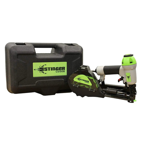 Pro Grade Pneumatic Collated Cap Stapler Blows Through Housewrap Foam Board And Underlayment With Insanely Fast Bump Fire Mode Holds Two Hundred Eighteen Gauge Staples An Absolute Job Site Beast in case.