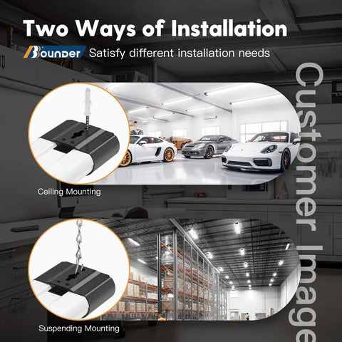 Installation options for 12 Pack Linkable LED Shop Lights With Reflectors, 4 Ft, 4400 Lumens, 6500K Cool Daylight, black finish