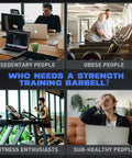 Collage showing different people with text 'Who Needs a Strength Training Barbell?' highlighting diverse fitness needs