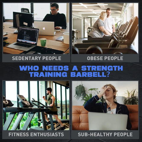 Collage showing different people with text 'Who Needs a Strength Training Barbell?' highlighting diverse fitness needs