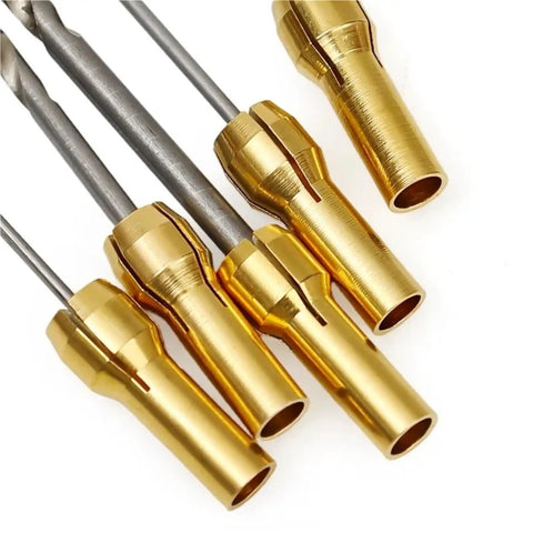 10 Pack Mini Drill Brass Collet Chuck 0.5 To 3.2mm Clamping Adapter For Rotary Tool showcasing brass chucks and drill bits.