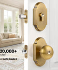 Antique Brass Door Knob With Deadbolt, Keyed Alike Exterior Lock Set on white door with zinc alloy hardware
