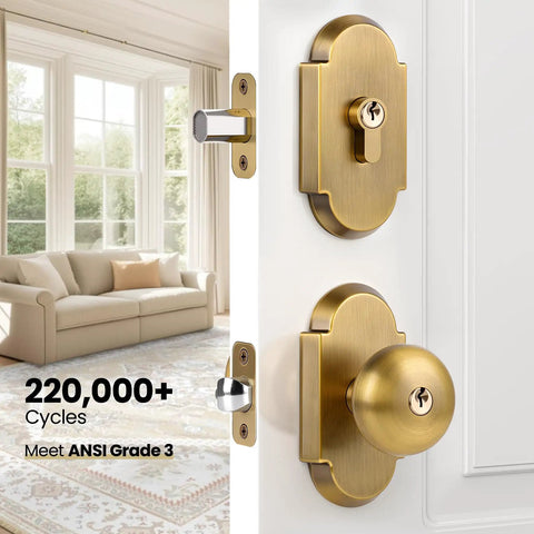 Antique Brass Door Knob With Deadbolt, Keyed Alike Exterior Lock Set on white door with zinc alloy hardware