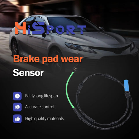 HiSport brake pad wear sensor cable close-up for BMW rear, black cable with green lead and blue connector