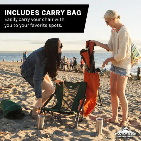 Two people at the beach with a Low Profile Folding Camping Chair With Carry Bag Lightweight Breathable Mesh Seat