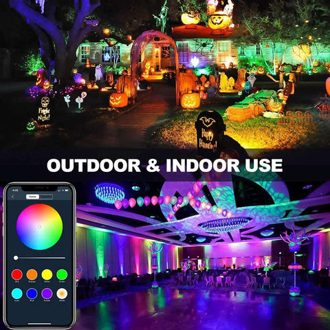 Vibrant outdoor and indoor scenes lit by 2 Pack 60W RGBW LED Flood Lights with Bluetooth App Control, IP66 Waterproof Outdoor Security Lighting.
