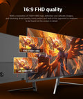 24 Inch Gaming Monitor With 100Hz Refresh, Built In Speakers, 1080p Display, Ergonomic Tilt For Home Office And Gaming, HDMI And VGA Ports, Wall Mount Ready, Plug And Play For Work And Play; front and side view showing 16:9 FHD quality