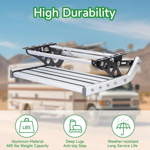 RV Camper Steps Drop Down Folding Stairs One Hand Open Close Aluminum Construction With Non Slip Feet Luminous Glow Tape For Visibility Holds Up To 450 Pounds, folded aluminum RV step with anti-slip tread