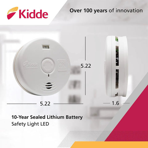 Product image showing Kidde hallway smoke alarm with safety light, 10-year sealed lithium battery, 5.22-inch diameter, side view thickness