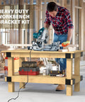 Set Of 8 Rock Solid Heavy Duty Workbench Bracket Kit With Screws For 4X4 And 2X4 Lumber installed on a wooden workbench.