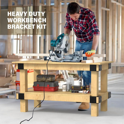 Set Of 8 Rock Solid Heavy Duty Workbench Bracket Kit With Screws For 4X4 And 2X4 Lumber installed on a wooden workbench.