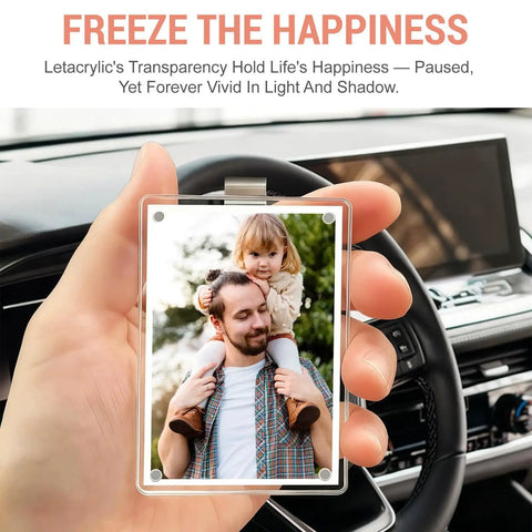 Hand holding Eight Piece Car Clip Picture Holder Set With Personalized 3 Inch Photo Frames For Your Ride Sun Visor Acrylic Magnetic Car Photo Clip Visor Clip Frame Hanging Decor Ideal Gift For Mom Husband Family And Pets