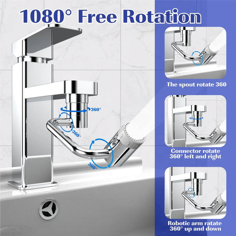 Go-To 1080 Degree Rotating Faucet Extender With Splash Filter Aerator on chrome tap, showing full 1080° movement layout
