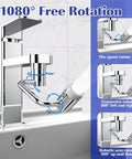 Diagram of 1080 Degree Swivel Robotic Arm Faucet Aerator Extension Attachment showing 360° rotations for bathroom and kitchen sinks.