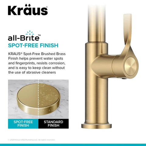 Spot Resistant Brushed Brass Pull Down Kitchen Faucet featuring sleek design and spot-free finish for easy maintenance.