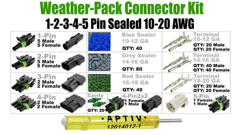 Super Durable 373 Piece Weatherpack Connector Kit With Removal Tool Male Female Terms And Housings In 1 To 5 Pin Configs For 20 Amp Wires 10 20 Gage Perfect For Any Auto Repair Job.