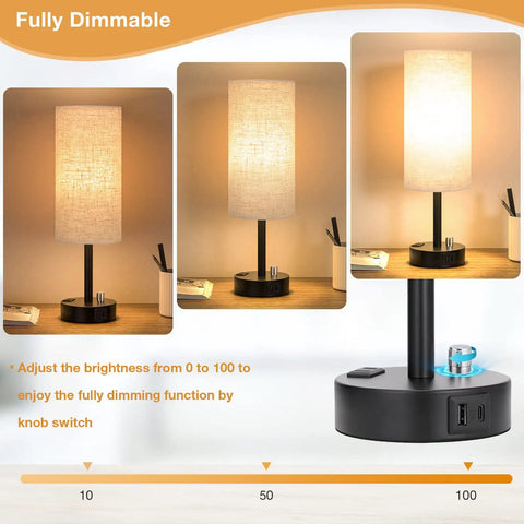 Set Of 2 Fully Dimmable Bedside Lamps With USB C Charging Port And Built In USB Ports And Outlets, black base, beige shade